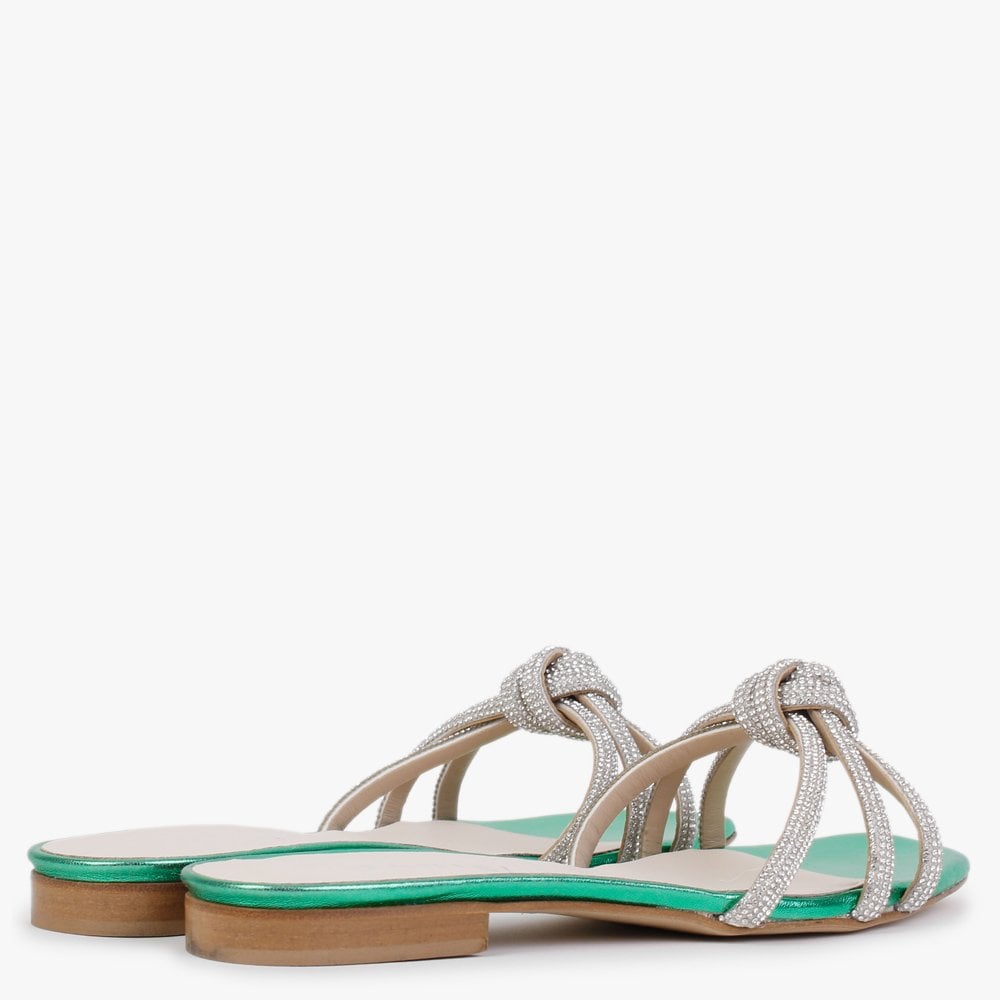 Flatante Green Leather Twisted Diamante Mules