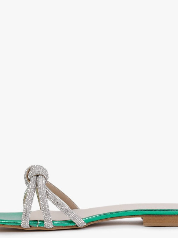 Flatante Green Leather Twisted Diamante Mules