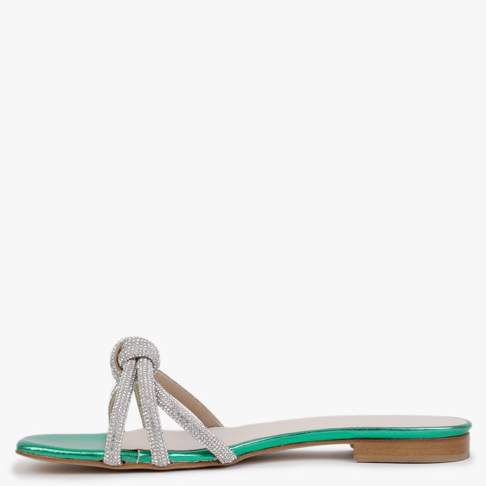 Flatante Green Leather Twisted Diamante Mules