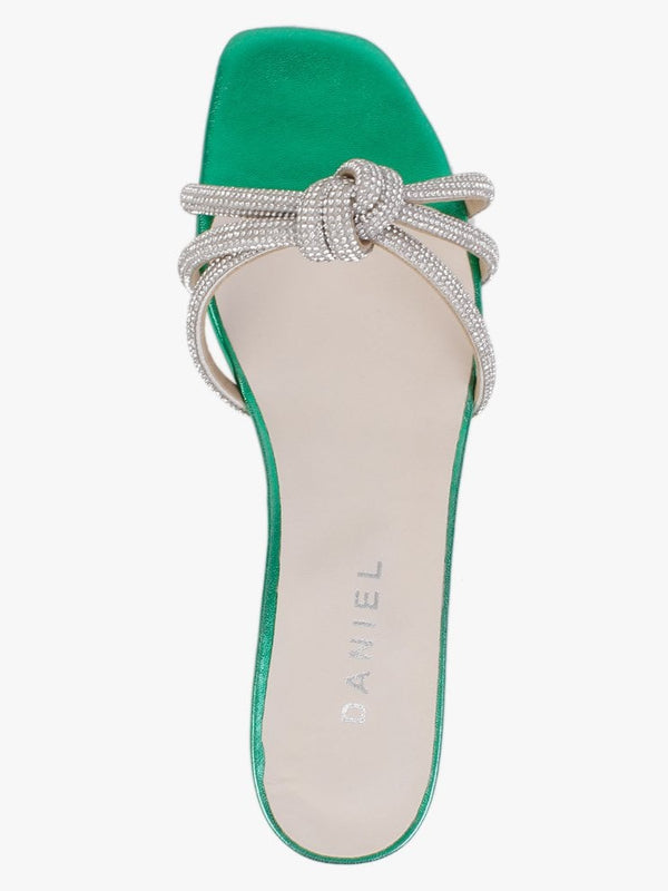 Flatante Green Leather Twisted Diamante Mules