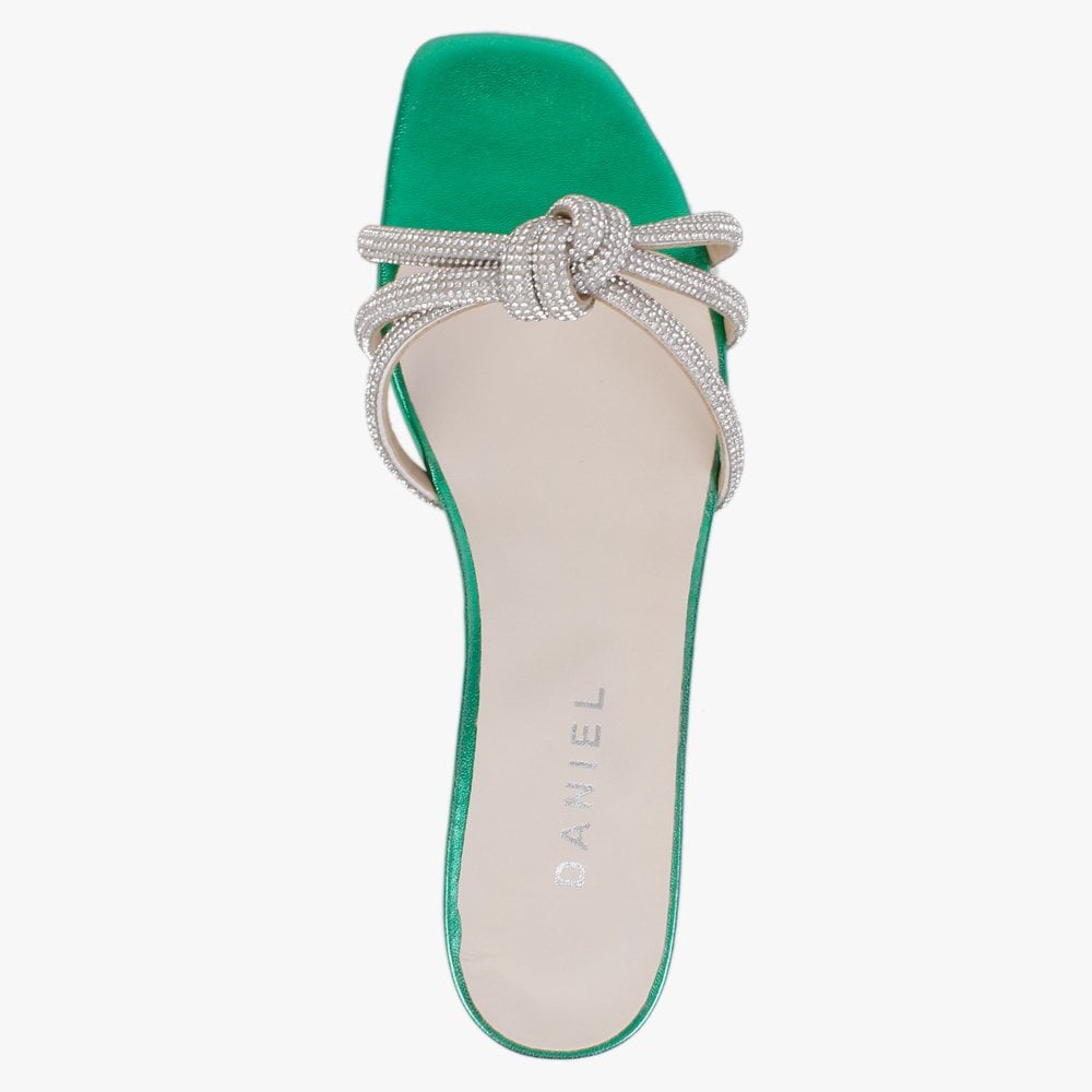 Flatante Green Leather Twisted Diamante Mules