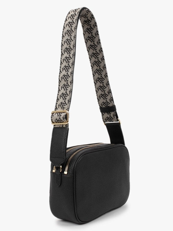Carrie 24 Black Leather Logo Strap Cross-Body Bag