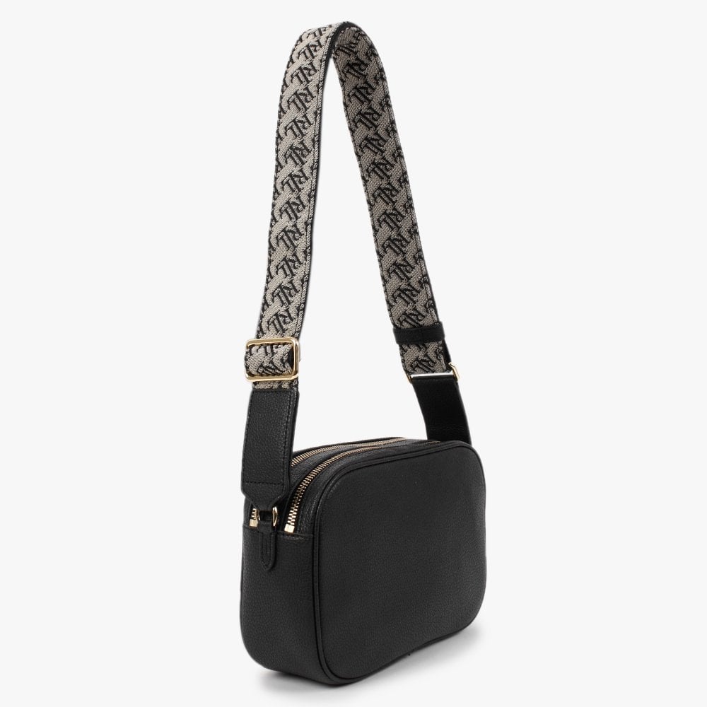 Carrie 24 Black Leather Logo Strap Cross-Body Bag