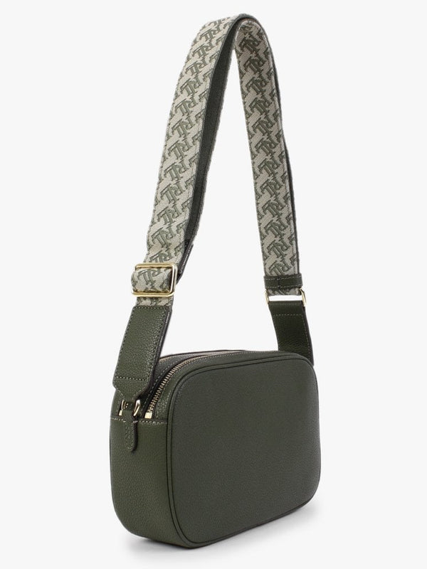 Carrie 24 Olive Leather Logo Strap Cross-Body Bag