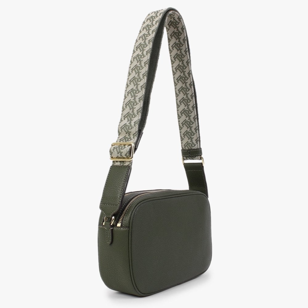 Carrie 24 Olive Leather Logo Strap Cross-Body Bag