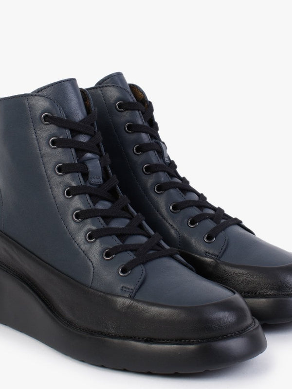 Boze Dark Black & Navy Leather Wedge Ankle Boots