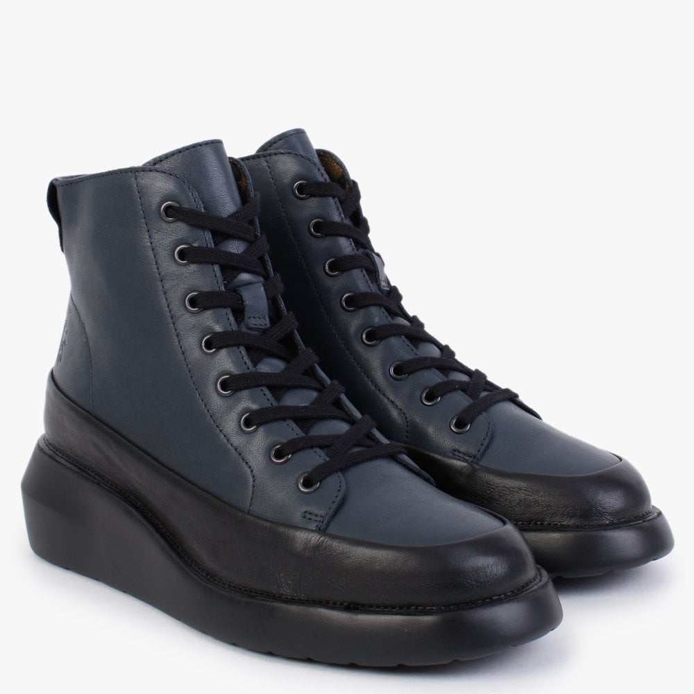 Boze Dark Black & Navy Leather Wedge Ankle Boots