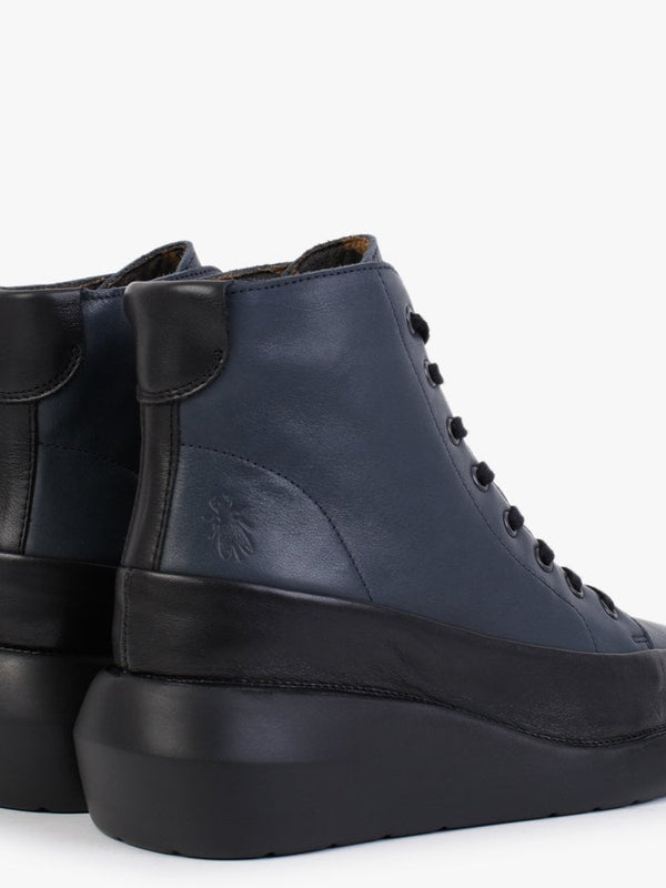 Boze Dark Black & Navy Leather Wedge Ankle Boots