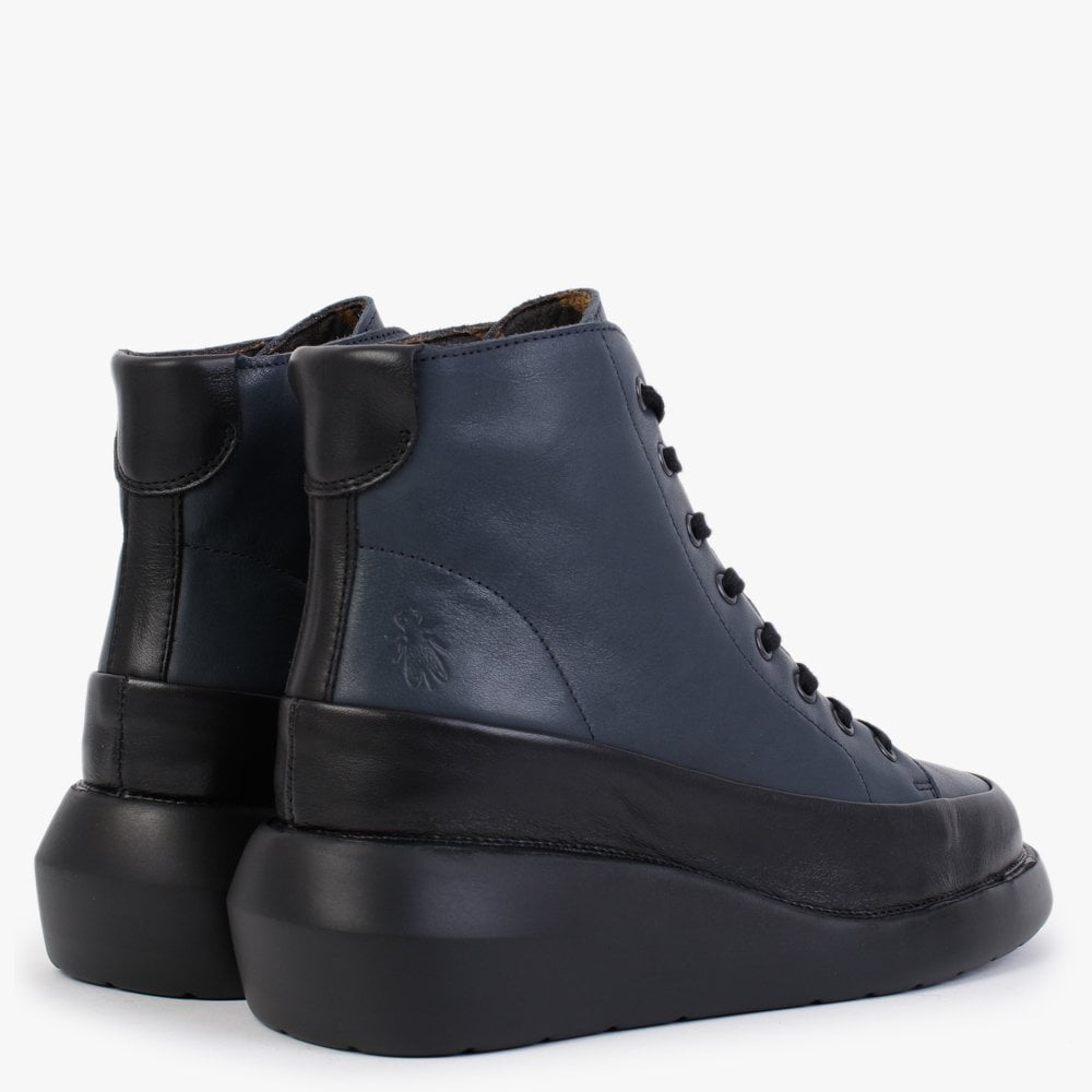 Boze Dark Black & Navy Leather Wedge Ankle Boots