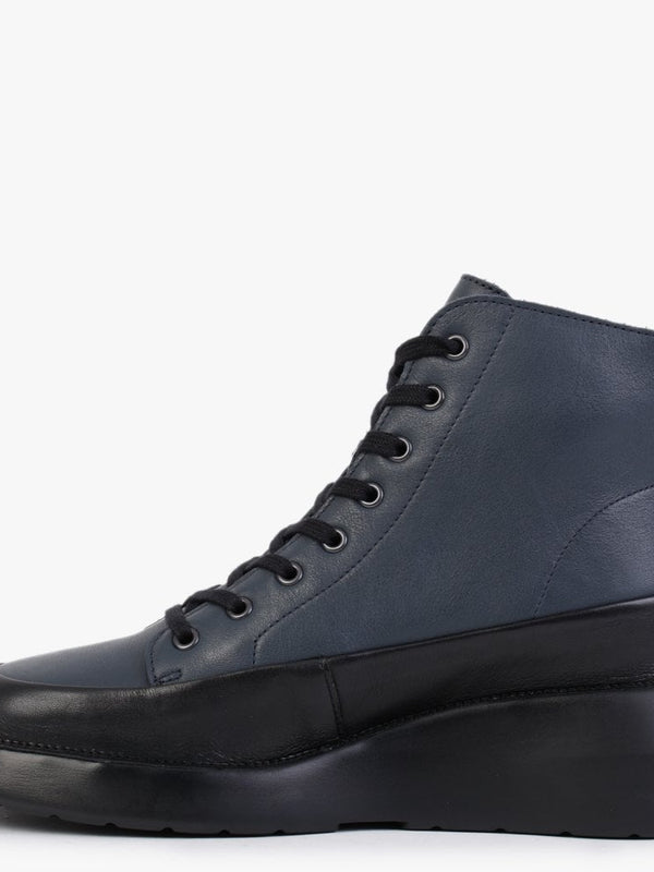 Boze Dark Black & Navy Leather Wedge Ankle Boots