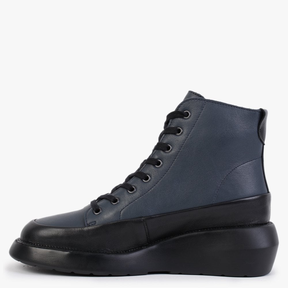 Boze Dark Black & Navy Leather Wedge Ankle Boots