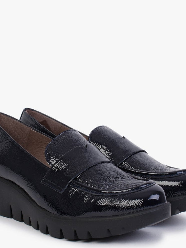 Tempo Navy Patent Leather Low Wedge Loafers