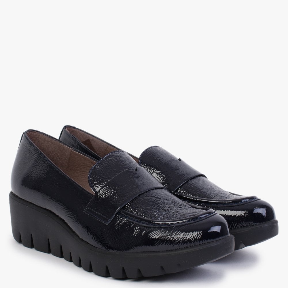 Tempo Navy Patent Leather Low Wedge Loafers