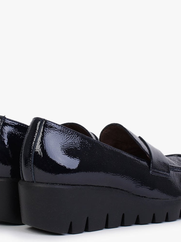 Tempo Navy Patent Leather Low Wedge Loafers