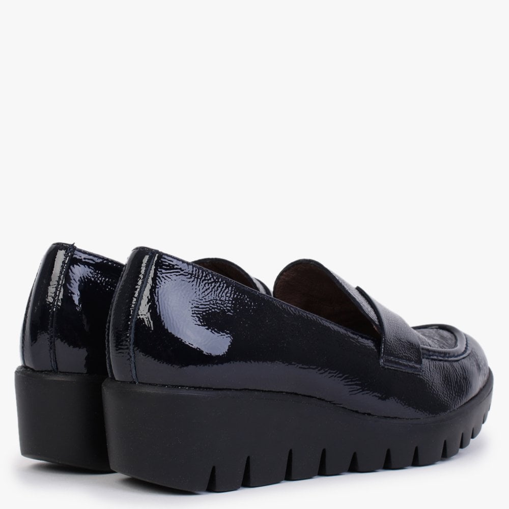 Tempo Navy Patent Leather Low Wedge Loafers