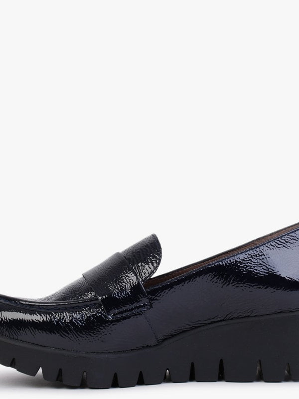 Tempo Navy Patent Leather Low Wedge Loafers