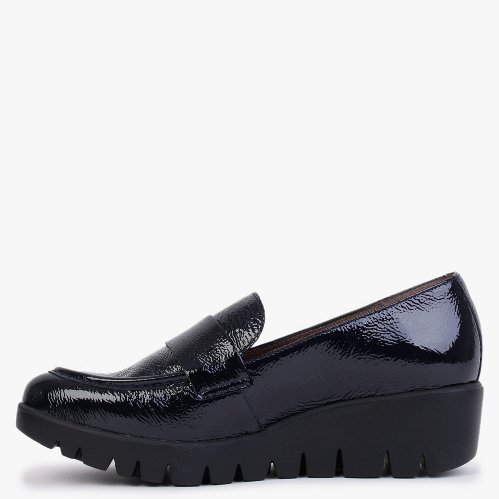 Tempo Navy Patent Leather Low Wedge Loafers