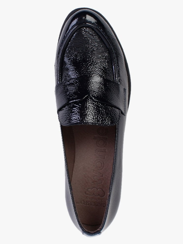 Tempo Navy Patent Leather Low Wedge Loafers