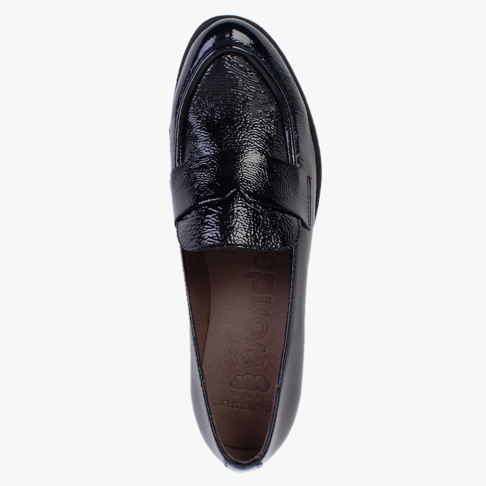 Tempo Navy Patent Leather Low Wedge Loafers