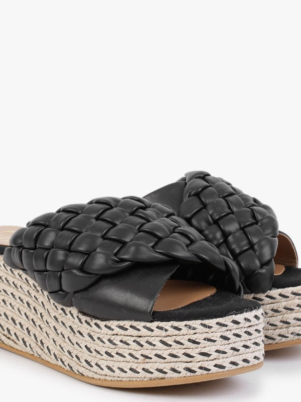 Bunting Black Leather Woven Flatform Mules