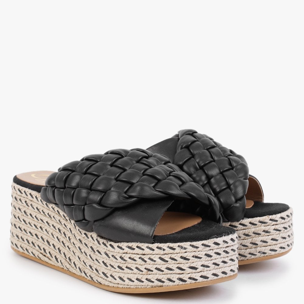 Bunting Black Leather Woven Flatform Mules