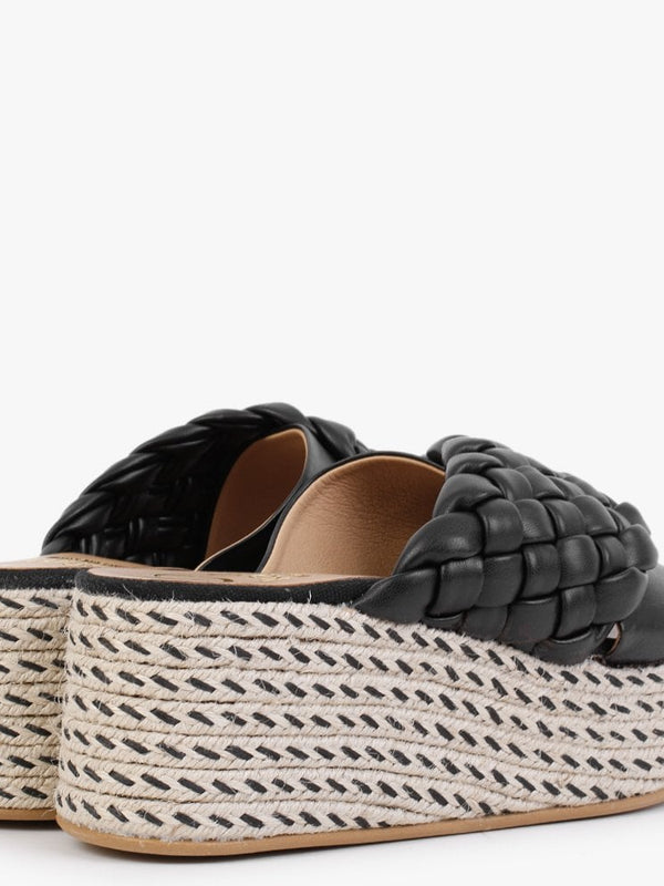 Bunting Black Leather Woven Flatform Mules