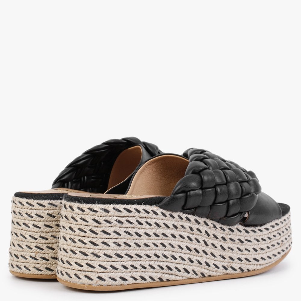 Bunting Black Leather Woven Flatform Mules