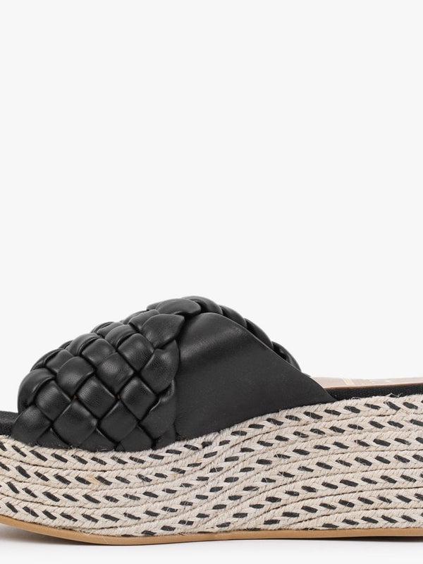 Bunting Black Leather Woven Flatform Mules