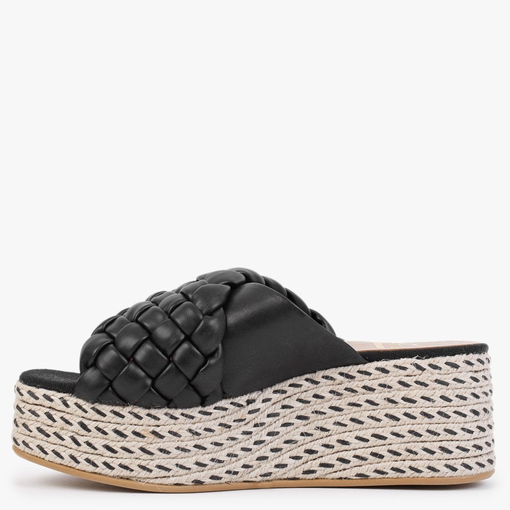 Bunting Black Leather Woven Flatform Mules