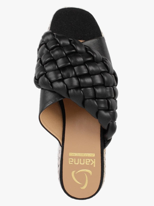 Bunting Black Leather Woven Flatform Mules