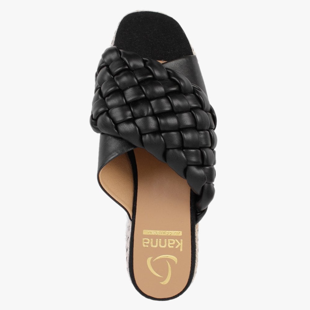 Bunting Black Leather Woven Flatform Mules
