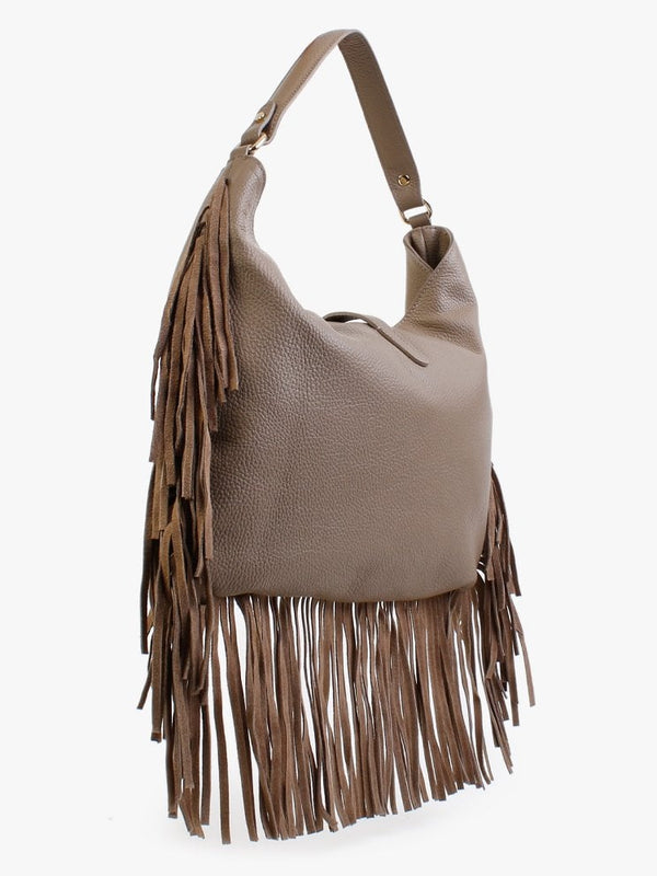 Lasten Taupe Leather Fringed Hobo Bag