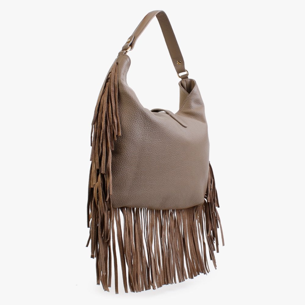 Lasten Taupe Leather Fringed Hobo Bag