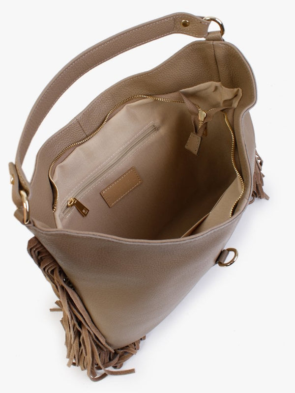 Lasten Taupe Leather Fringed Hobo Bag