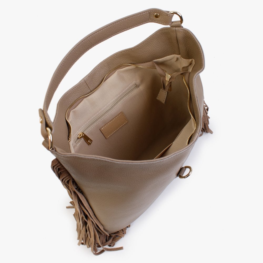 Lasten Taupe Leather Fringed Hobo Bag