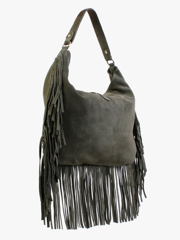 Lasten Khaki Suede Fringed Hobo Bag