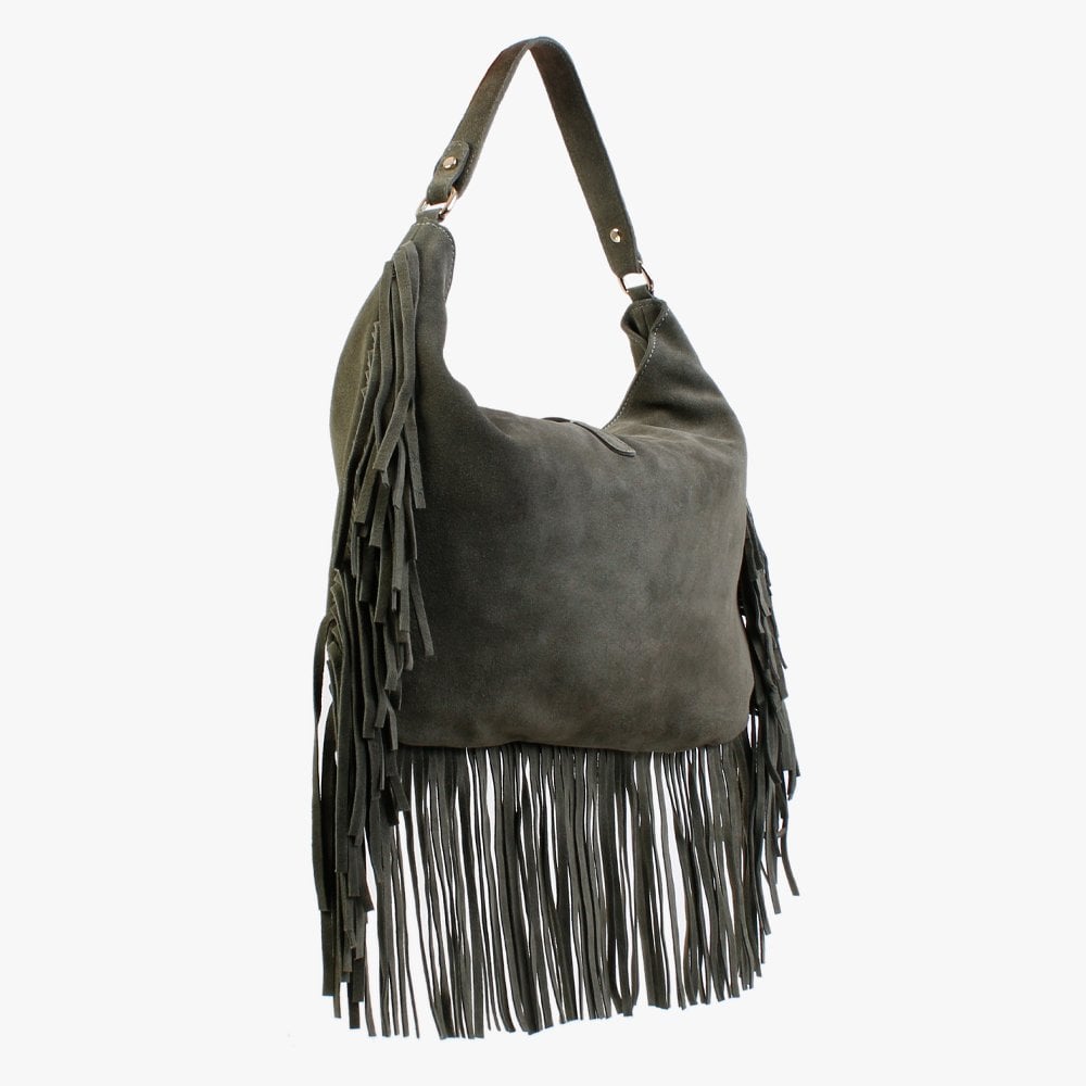Lasten Khaki Suede Fringed Hobo Bag