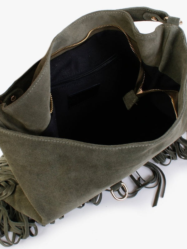 Lasten Khaki Suede Fringed Hobo Bag