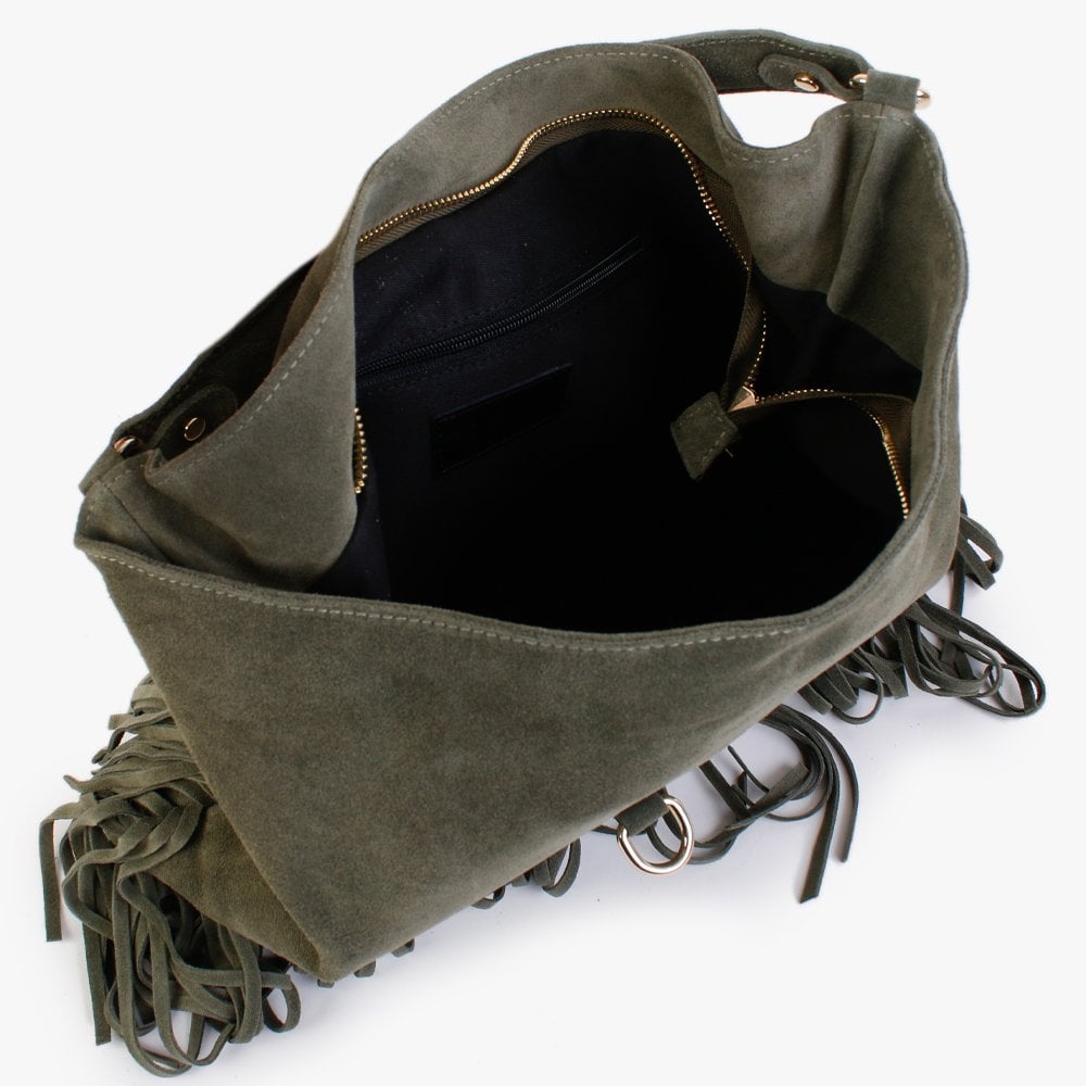 Lasten Khaki Suede Fringed Hobo Bag