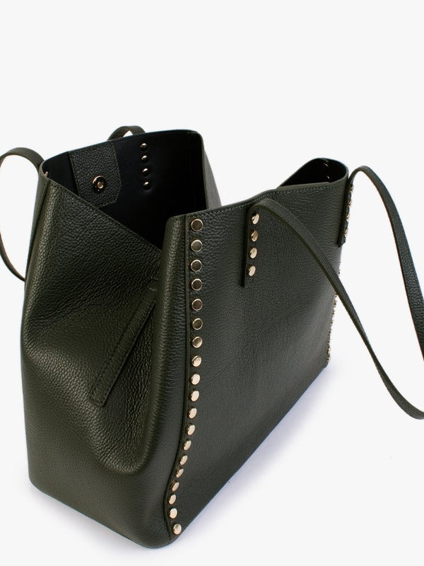 Dimooch Green Tumbled Leather Studded Tote Bag
