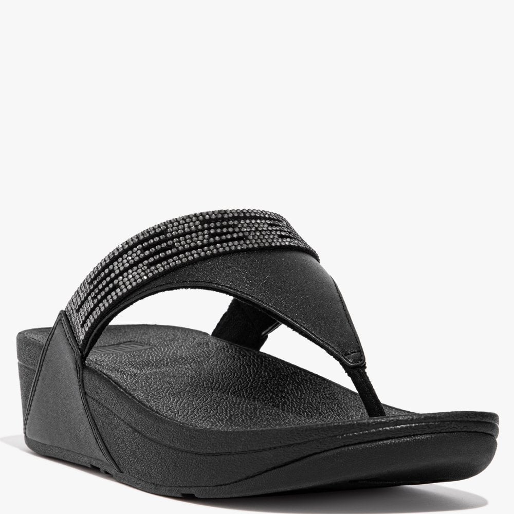 Lulu Lasercrystal All Black Leather Toe Post Sandals
