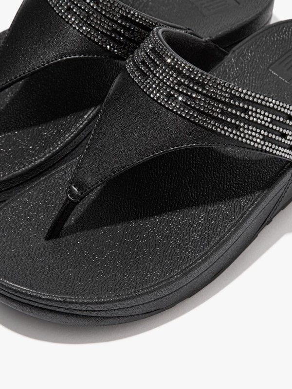 Lulu Lasercrystal All Black Leather Toe Post Sandals