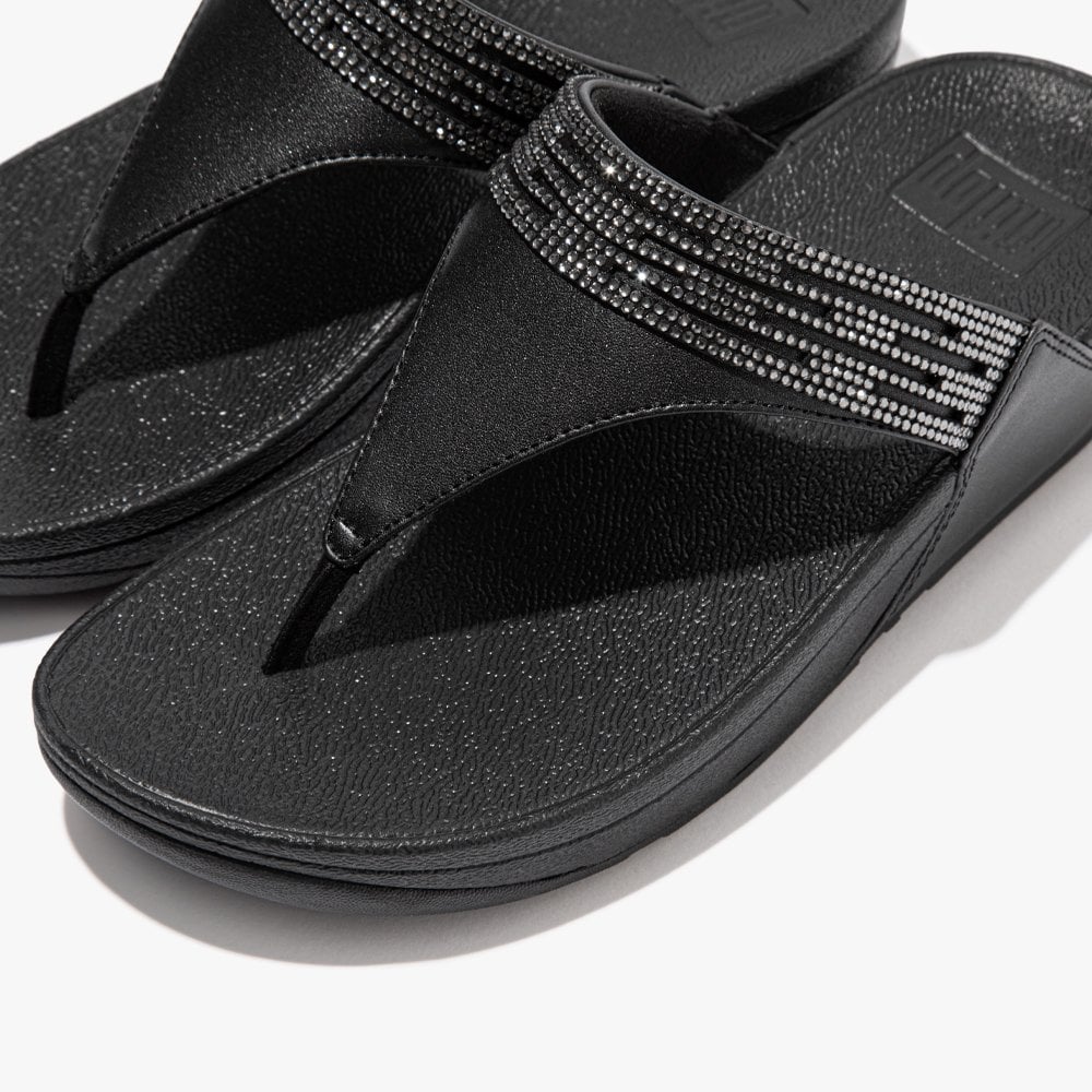 Lulu Lasercrystal All Black Leather Toe Post Sandals