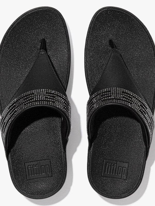Lulu Lasercrystal All Black Leather Toe Post Sandals