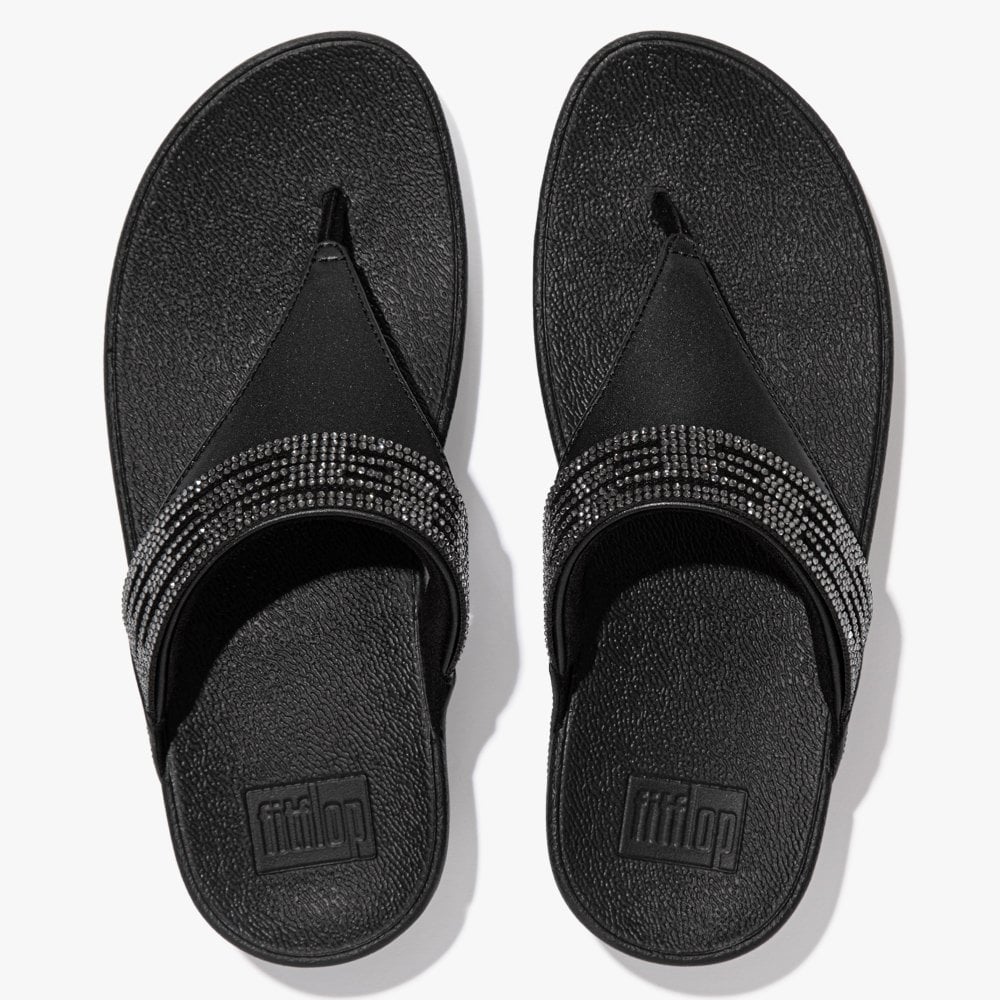 Lulu Lasercrystal All Black Leather Toe Post Sandals