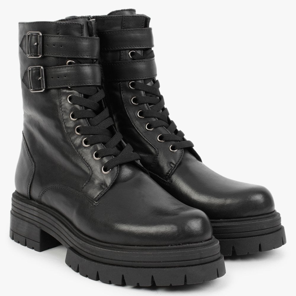 Emme Black Leather Lace Up Ankle Boots