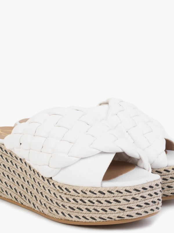 Bunting White Leather Woven Flatform Mules