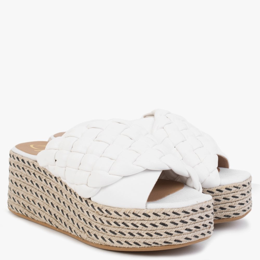 Bunting White Leather Woven Flatform Mules
