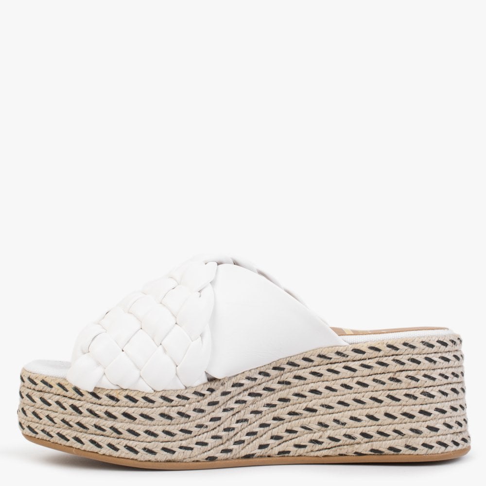 Bunting White Leather Woven Flatform Mules