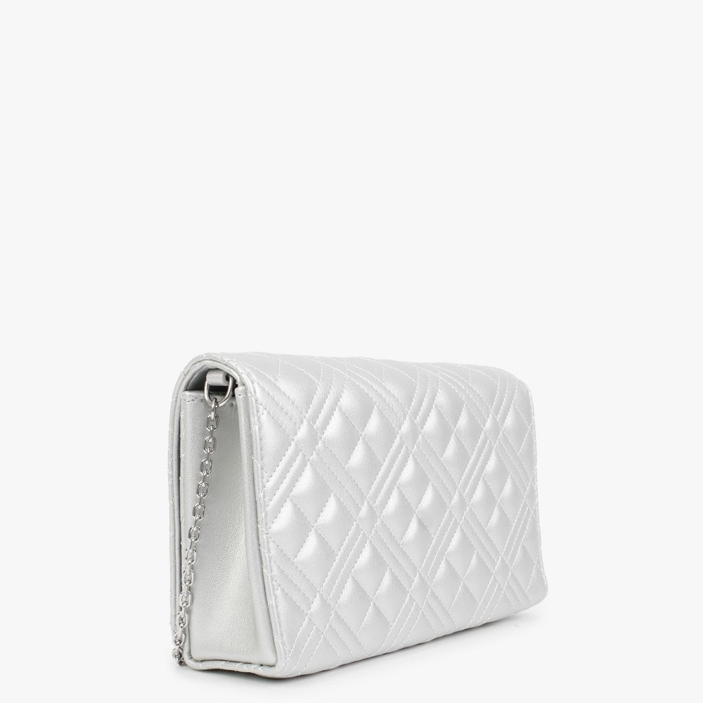 Diamond Quilt Flapover Silver Cross-Body Bag